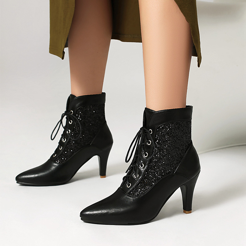 Shoeswoon Glitter Spliced Lace‑Up Pointed Toe Stiletto Ankle Boots