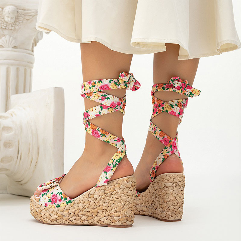 Shoeswoon Pink Floral Print Bow Ankle Wrap Woven Straw Platform Wedge Sandals