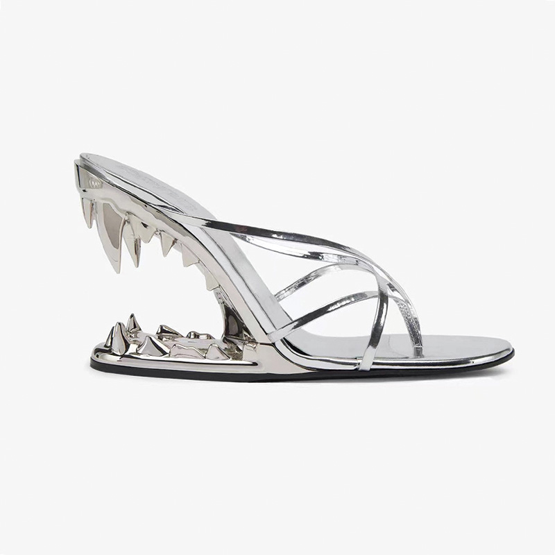 Shoeswoon Metallic Shark Teeth Sculptural Heel Thong Slide Mule Sandals