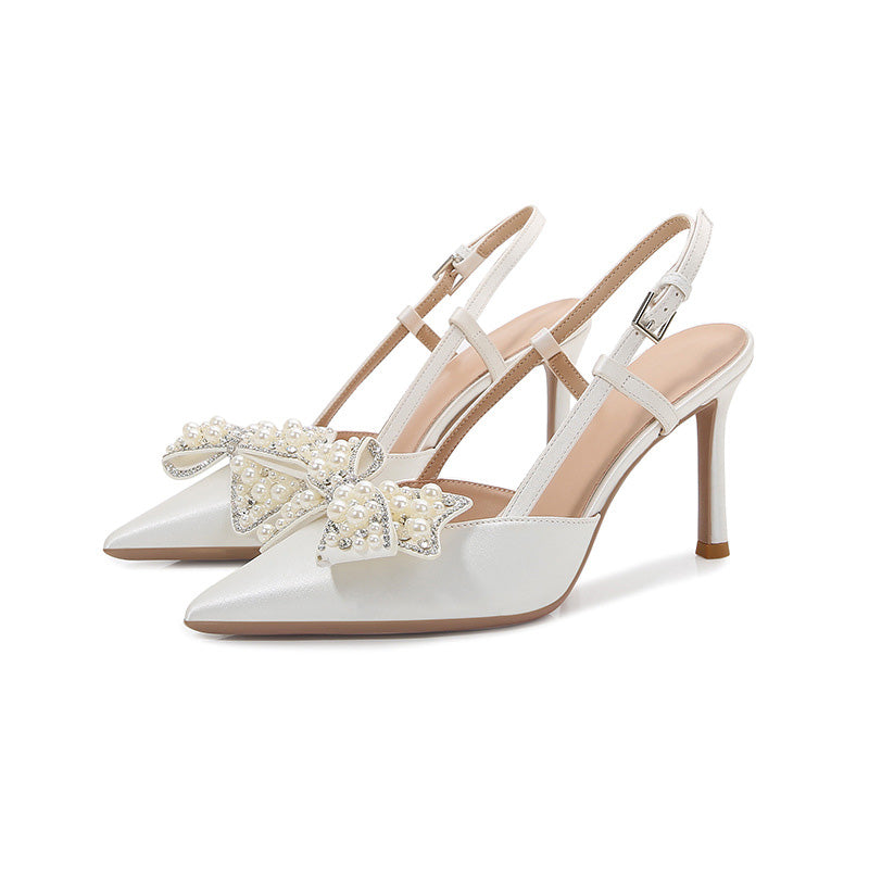 Shoeswoon Removable Rhinestone Bow Wedding Slingback Stiletto High Heels