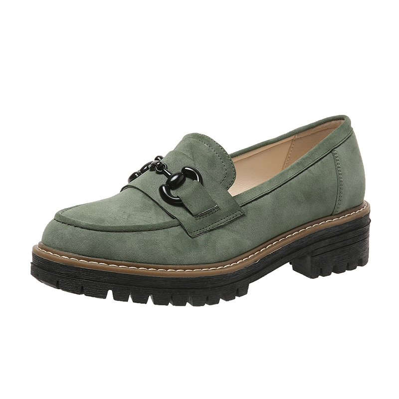 Shoeswoon Dusty Green Faux Suede Chain Buckle Chunky Platform Loafers