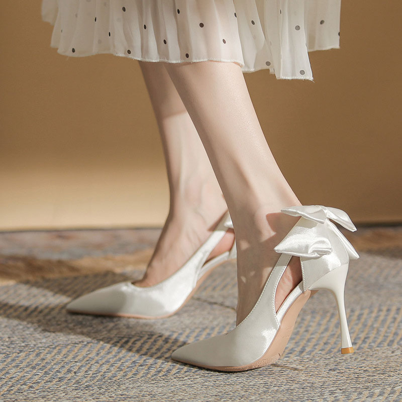 Shoeswoon Satin Bow Back Pointed Toe Slingback Stiletto Heels