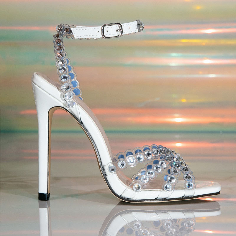 Shoeswoon Square Toe Large Rhinestone Clear Ankle Strap Stiletto Sandals