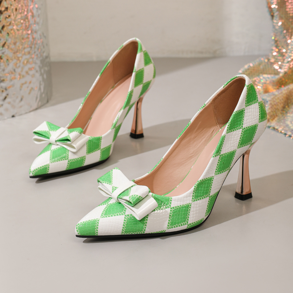 Shoeswoon Checkered Pointed Toe Pumps Front Bow Decor Textured Upper Sculpted Flared Heel