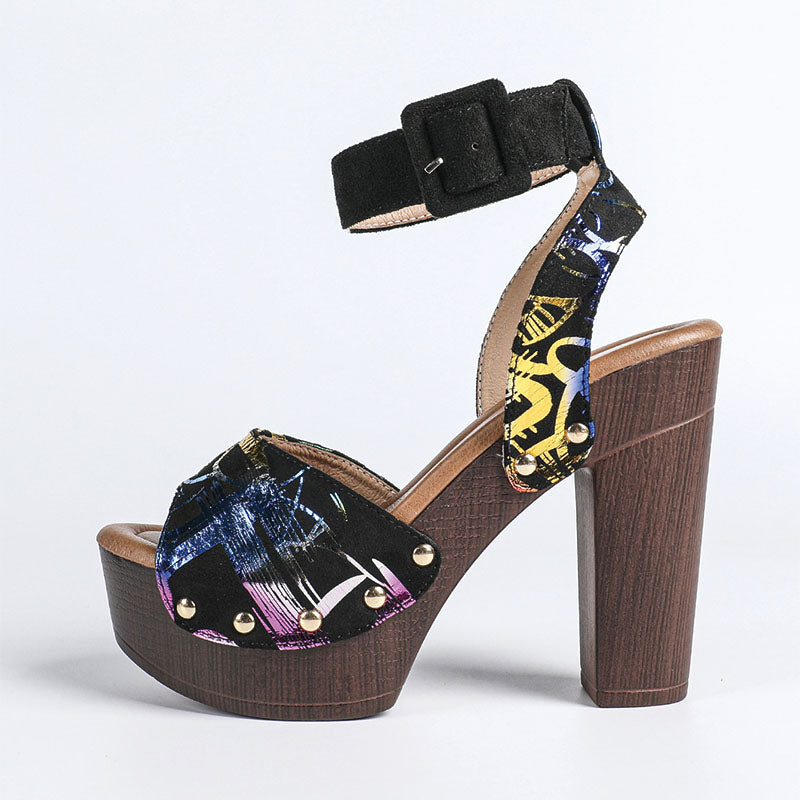 Shoeswoon Colorful Graffiti Print Peep Toe Wood Look Platform Sandals