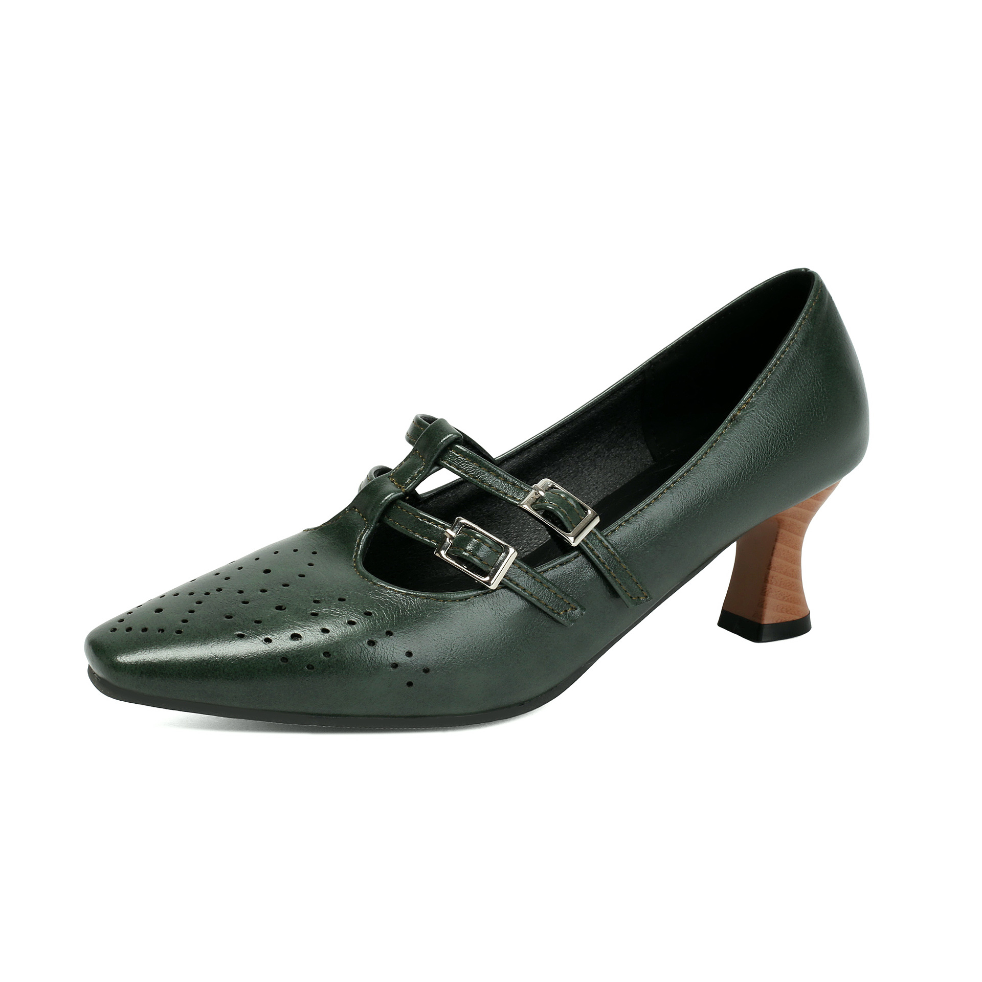 Shoeswoon Vintage T‑Bar Mary Janes Cutout Perforation Adjustable Buckle Mid Heel Shoes