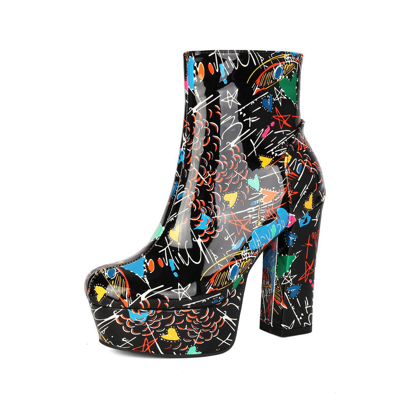 Shoeswoon Artistic Print Platform Booties Round Toe Side Zipper Bold Block Heel