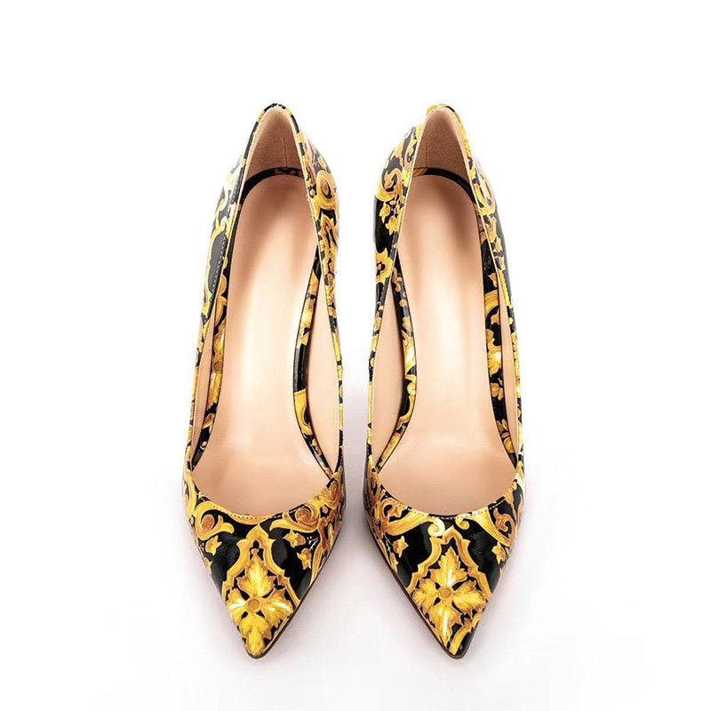 Shoeswoon Glossy Black Golden Scroll‑Pattern Pointed Toe Stiletto Pumps