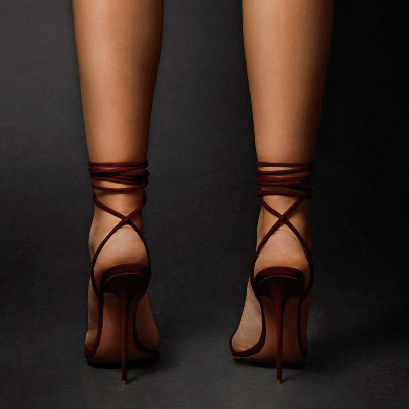 Shoeswoon Faux Suede Lace Up Leg Wrap Minimalist High Heel Sandals
