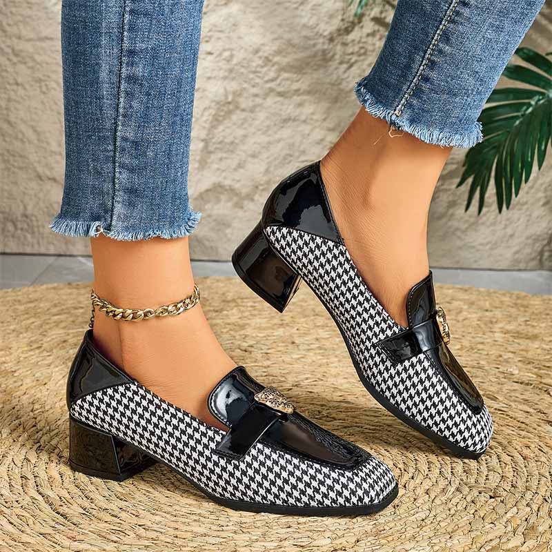 Shoeswoon Retro Black Patent & Houndstooth Fabric Square Toe Chunky Heel Ladies Fashion Loafers