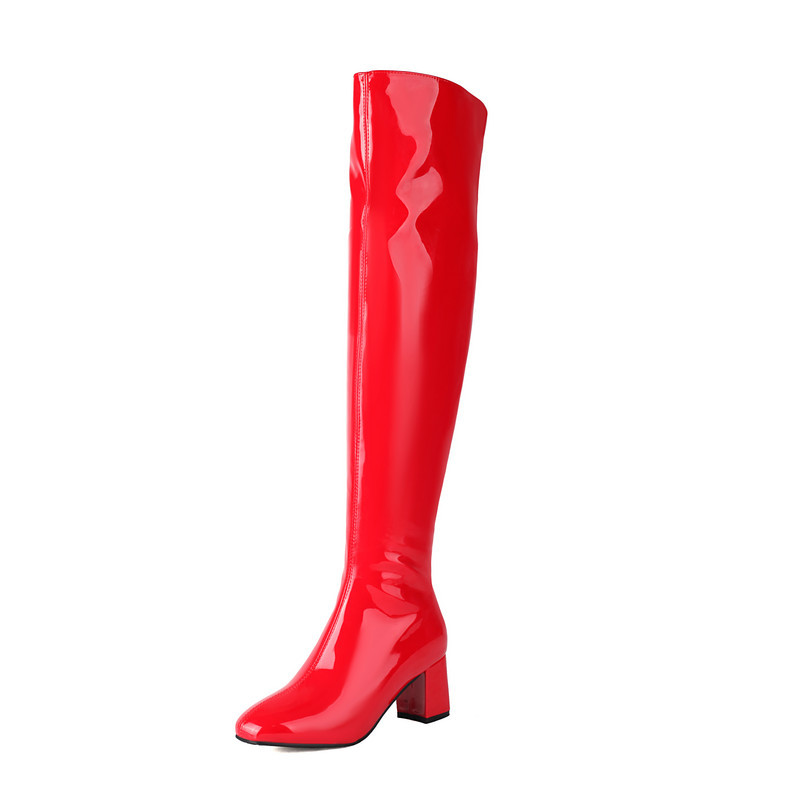 Shoeswoon Fashion Metallic Finish Square Toe Knee High Party Boots