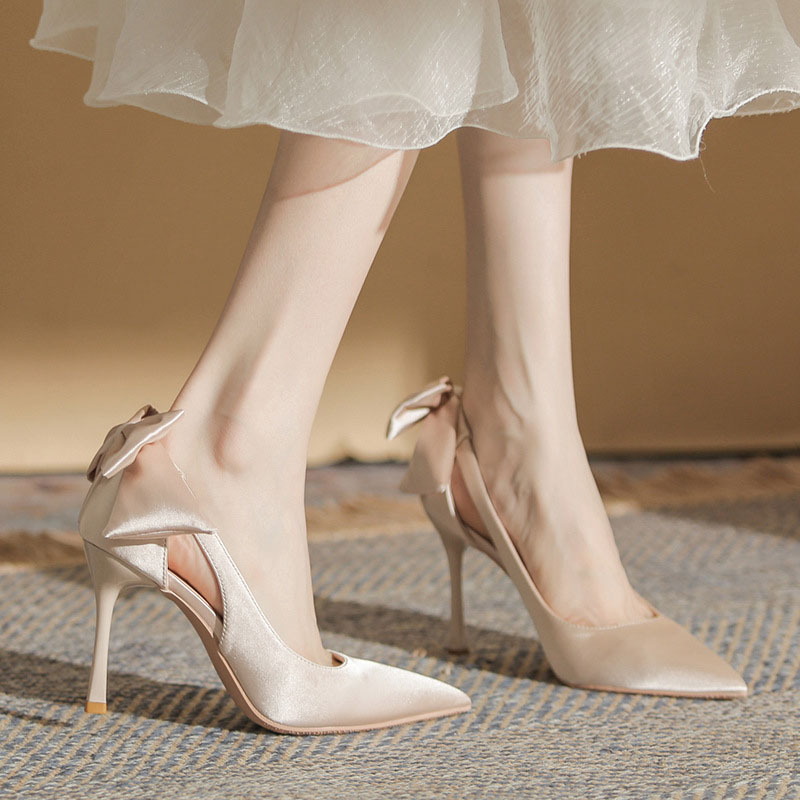 Shoeswoon Satin Bow Back Pointed Toe Slingback Stiletto Heels