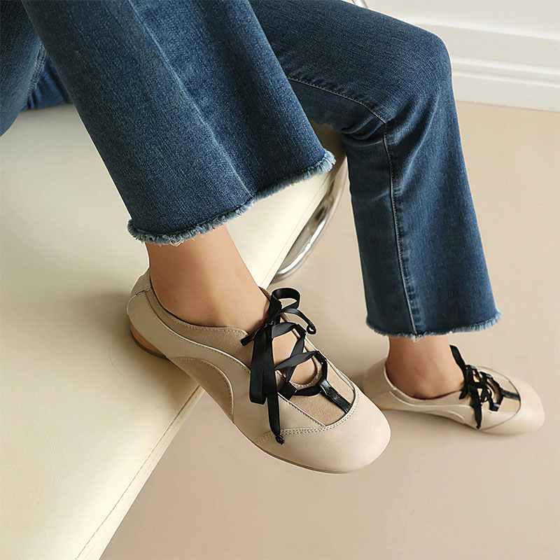 Shoeswoon Retro Patchwork Satin Ribbon Lace‑Up Women’s Flats