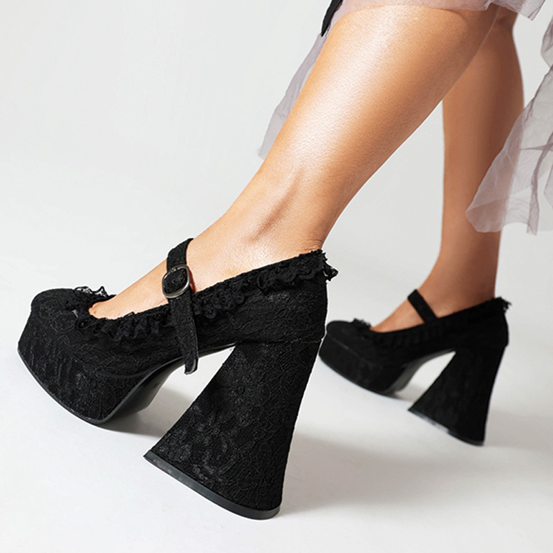Shoeswoon Red Black Floral Lace Mary Jane Platform Flared Chunky Heel Pumps