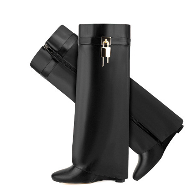 Shoeswoon Bright Metal Lock Accent Side Zipper Fold‑Shaft Flat Knee‑High Boots