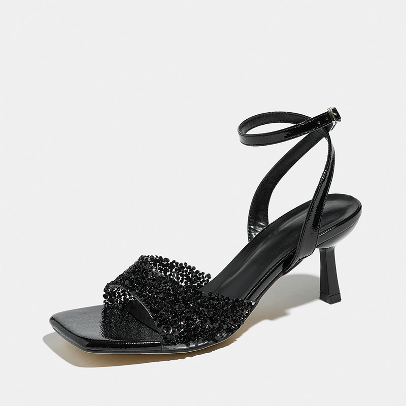Shoeswoon Rhinestone Glitter Ankle Strap Square Toe Kitten Heel Sandals
