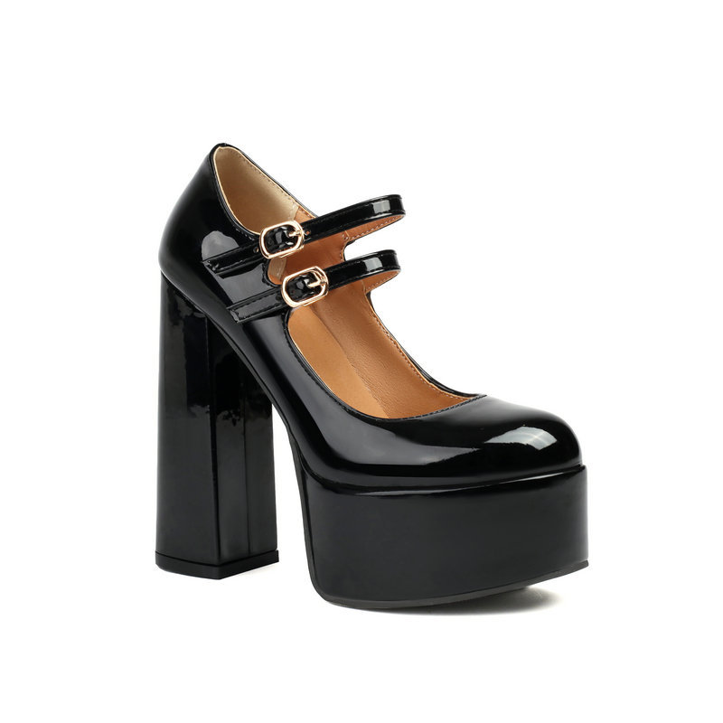 Shoeswoon Double Strap Mary Jane Round Toe Platform Chunky Heel Pumps