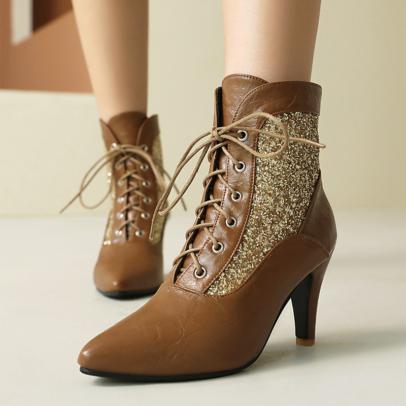 Shoeswoon Glitter Spliced Lace‑Up Pointed Toe Stiletto Ankle Boots