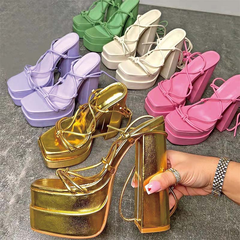 Shoeswoon Square Toe Platform Lace Up Ankle Wrap Chunky Heel Sandals