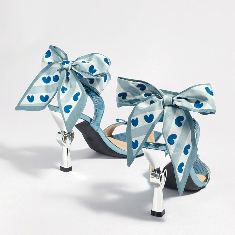 Shoeswoon Polka Dot Square Toe Stiletto Heel Floral Satin Ankle Wrap Sandals