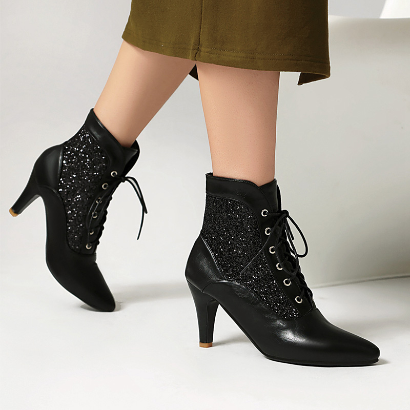 Shoeswoon Glitter Spliced Lace‑Up Pointed Toe Stiletto Ankle Boots