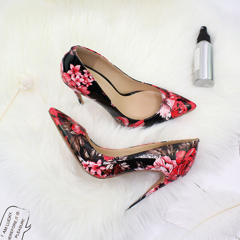 Shoeswoon Colorful Floral Print Patent Pointed Toe Slim Stiletto High Heel Pumps