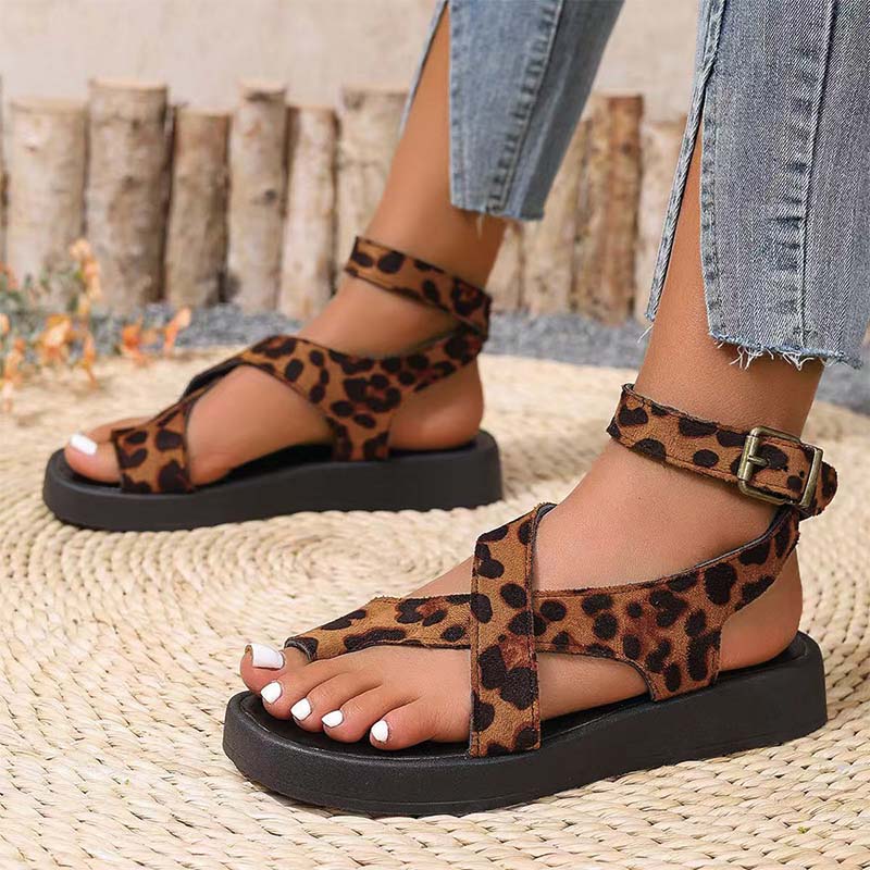 Shoeswoon Criss Cross Toe Loop Ankle Strap Platform Flat Sandals