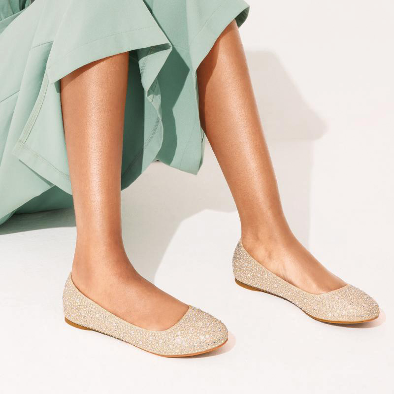 Shoeswoon Full Rhinestone Round Toe Slip-On Glitter Ballet Flats