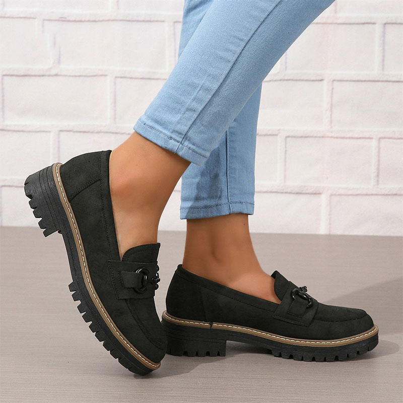 Shoeswoon Dusty Green Faux Suede Chain Buckle Chunky Platform Loafers