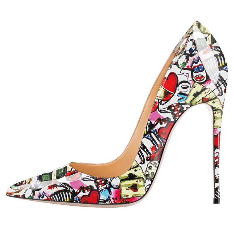 Shoeswoon Colorful Floral Print Patent Pointed Toe Slim Stiletto High Heel Pumps