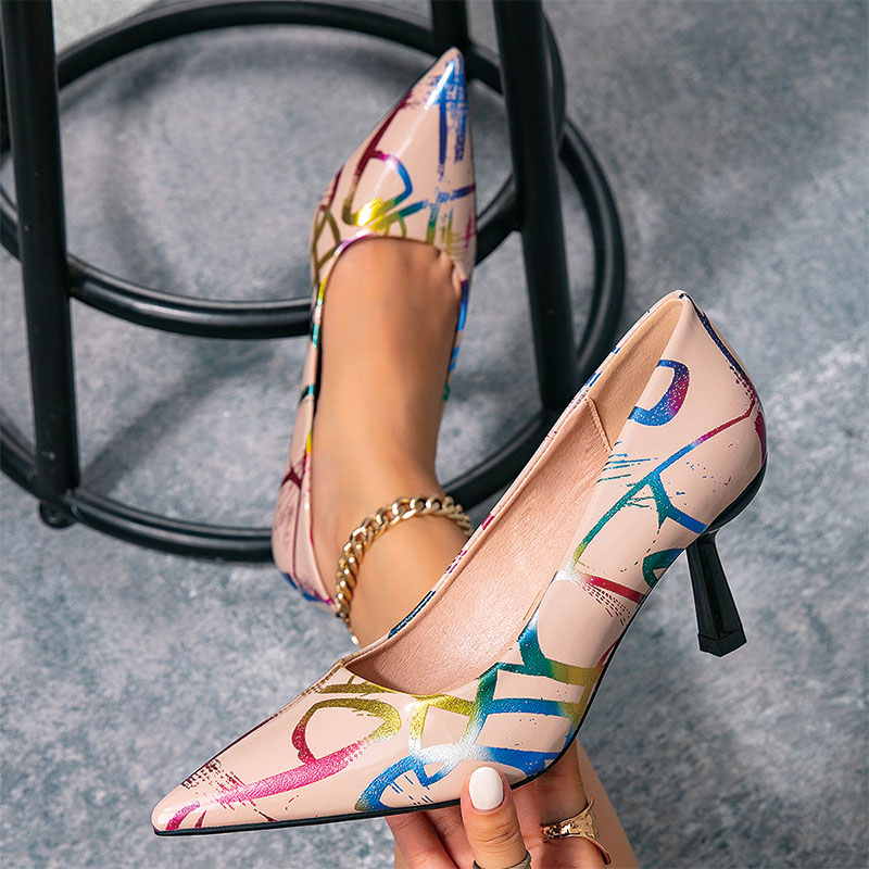 Shoeswoon Abstract Rainbow Metallic Printed Glossy Pointed Toe Slip-On Kitten Heels