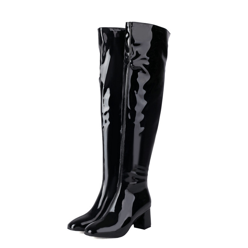 Shoeswoon Fashion Metallic Finish Square Toe Knee High Party Boots