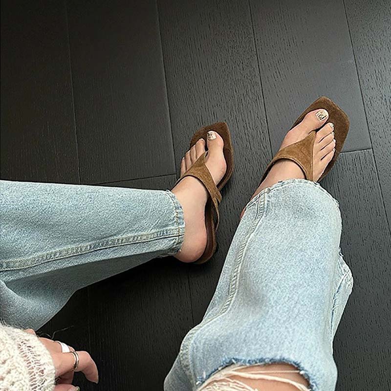 Shoeswoon Square Toe T-Strap Thong Kitten Heel Slide Mules