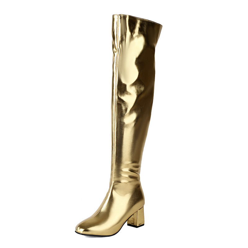 Shoeswoon Fashion Metallic Finish Square Toe Knee High Party Boots
