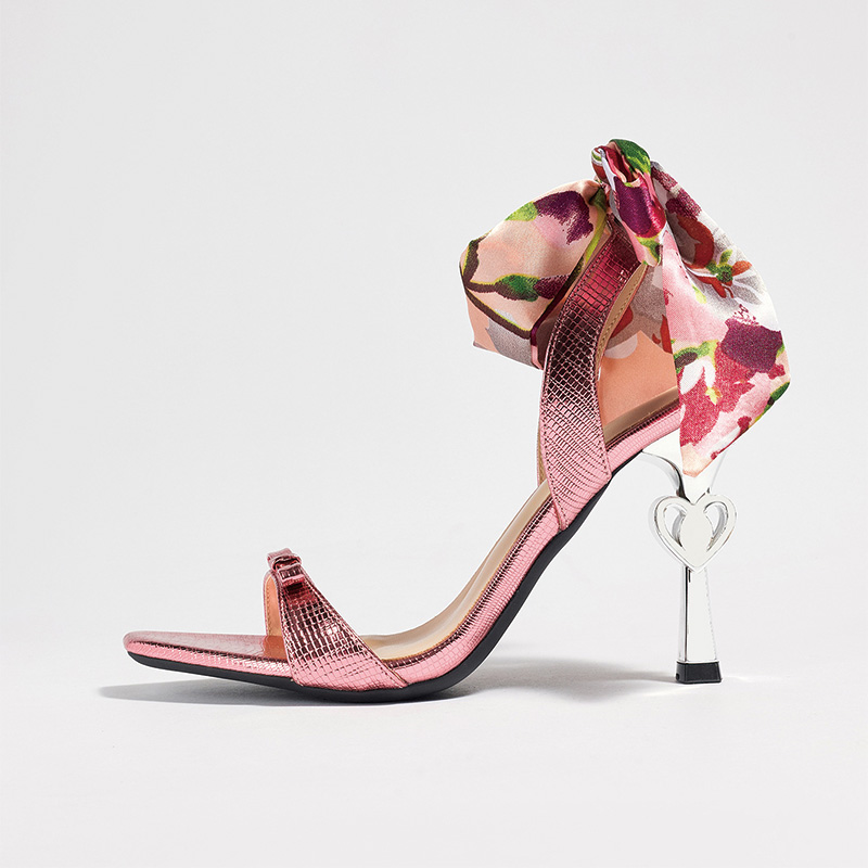 Shoeswoon Polka Dot Square Toe Stiletto Heel Floral Satin Ankle Wrap Sandals