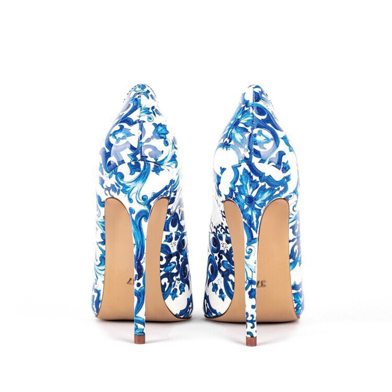 Shoeswoon Blue and White Porcelain Floral Print Pointed Toe Slip On Stiletto High Heel Pumps