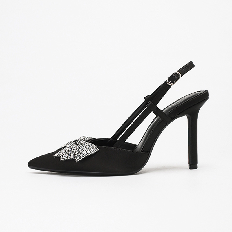 Shoeswoon Elegant Satin Rhinestone Bow Slingback Stiletto Heels