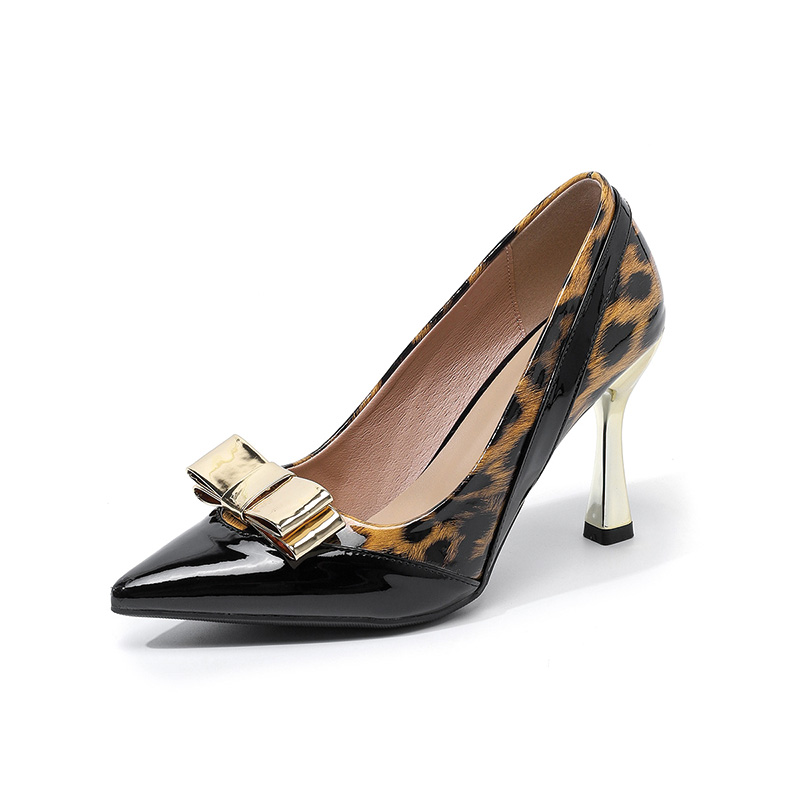 Shoeswoon Two Tone Patent Pointed Toe Metallic Gold Bow Flare Heel Pumps