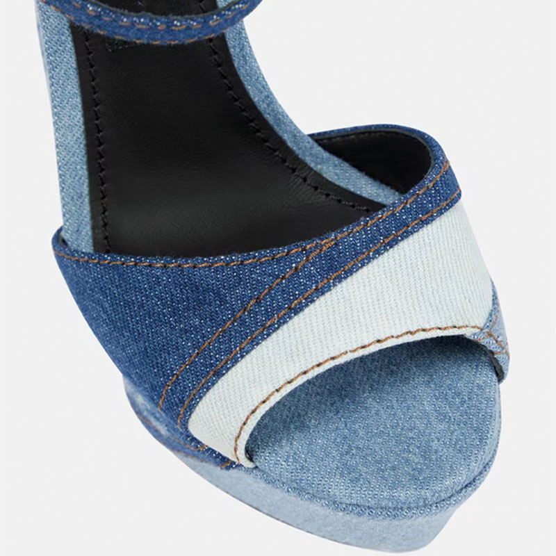 Shoeswoon Patchwork Denim Peep Toe Ankle Strap Platform Chunky Heel Sandals