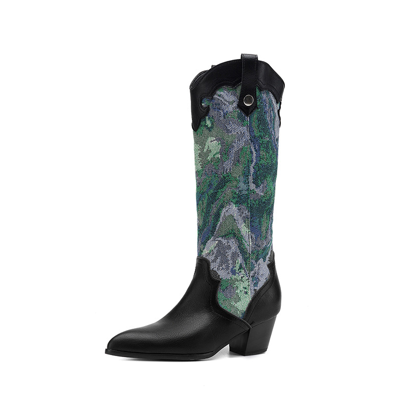 Shoeswoon Retro Embroidery‑Style Print Splice Pointed Toe Block Heel Western Boots