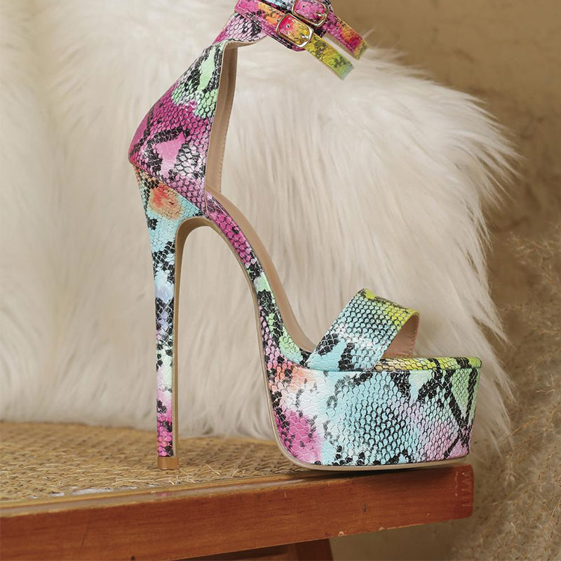 Shoeswoon Vibrant Colorful Snake Print Single Band Buckle Platform Stiletto Sandals