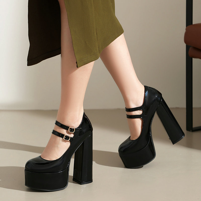 Shoeswoon Double Strap Mary Jane Round Toe Platform Chunky Heel Pumps