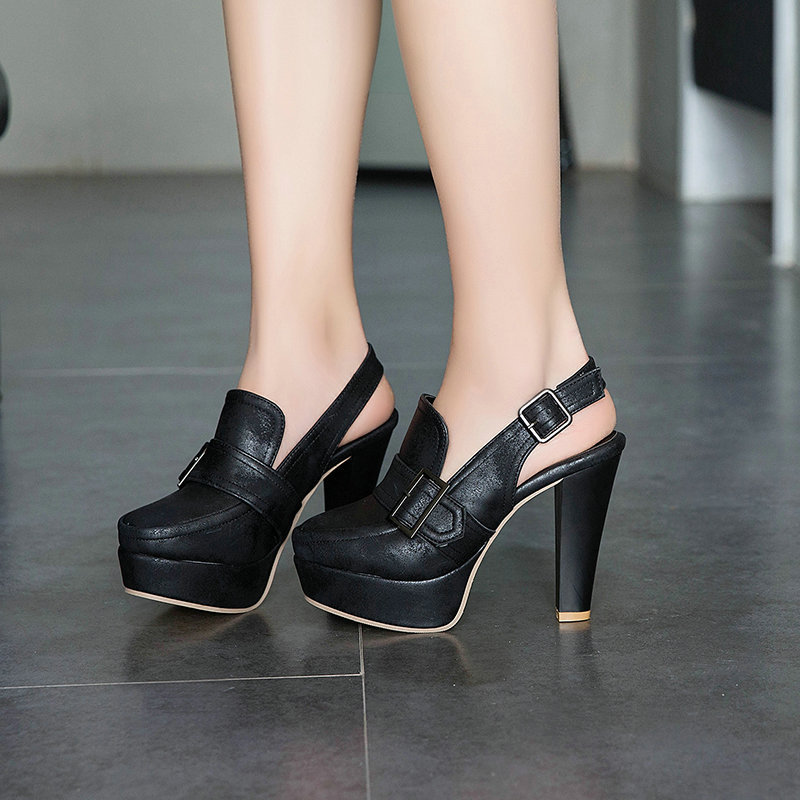 Shoeswoon Vintage Washed Suede-Look Dual Buckle Slingback Chunky Platform High Heels