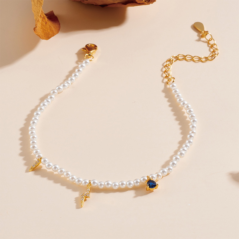 Shoeswoon Pearl Beaded Lightning Charm Blue Crystal Adjustable Anklet