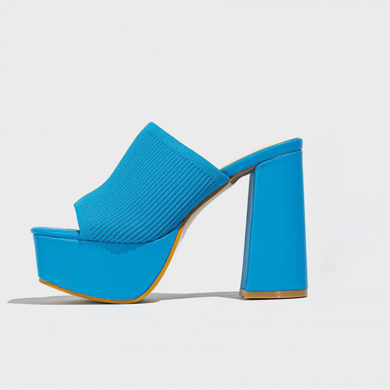 Shoeswoon Square Toe Knit Strap Platform Chunky Heel Mules