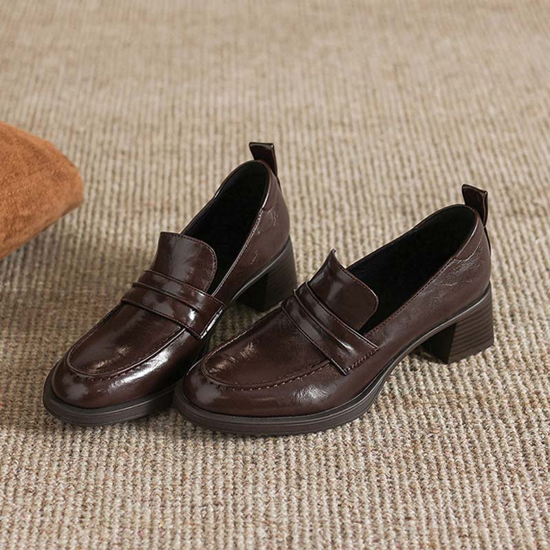 Shoeswoon Retro Pleated Strap Slip‑on Chunky Heel Office Loafers