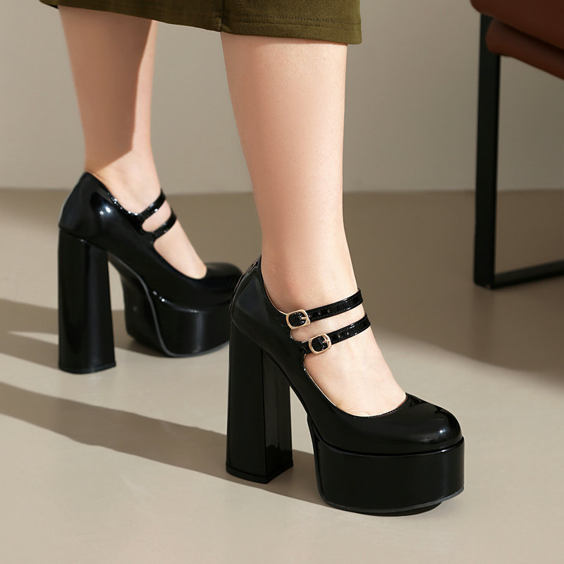 Shoeswoon Double Strap Mary Jane Round Toe Platform Chunky Heel Pumps