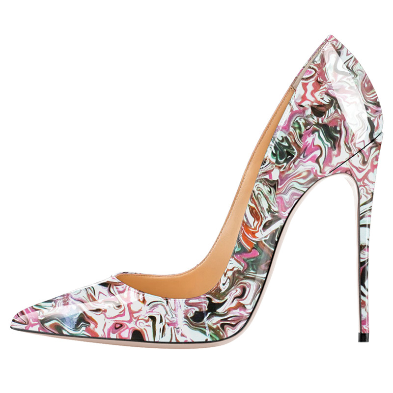 Shoeswoon Colorful Floral Print Patent Pointed Toe Slim Stiletto High Heel Pumps