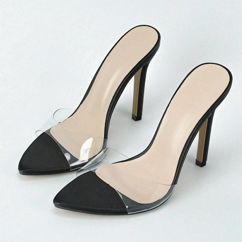 Shoeswoon Clear Single Strap Black Pointed Toe Slip On Thin Stiletto Mule Heels