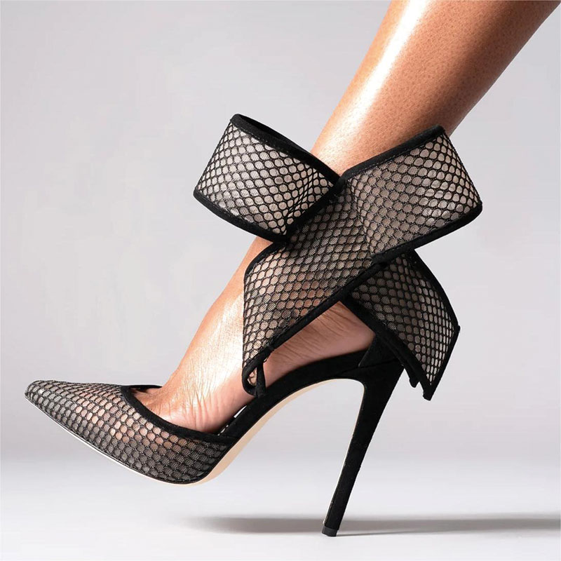 Shoeswoon Fashion Pointed Toe Giant Bow Ankle Wrap Stiletto Heel Pumps